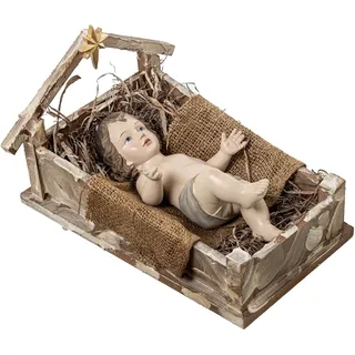 DRW Figur eines Jesuskindes in Krippe aus Harz in Beige und Braun, 20 x 31 x 25 cm