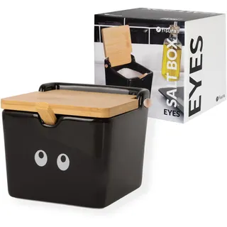 Fisura – Origineller Salzbehälter "ojos“ in Schwarz. Extra großer, quadratischer Salzstreuer aus Keramik mit Holzdeckel und Löffel. Auch als Zuckerdose oder Gewürzbehälter. 10 x 10 x 9 cm.