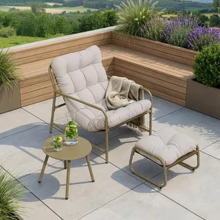 Gartenmöbel-Set 'Trerdfjoa' 3-tlg. mit Gartenstuhl Gartentisch und Fußhocker Metallgestell Beige/Grau - Beige
