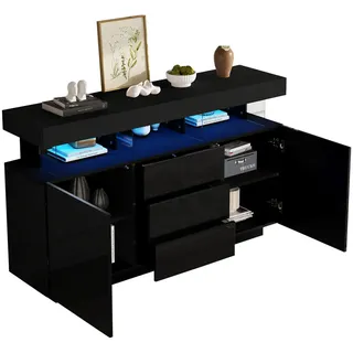 Flieks Sideboard LED Schwarz Hochglanz Acryl 140x35x80cm Kaffeebar , Holzwerkstoff , 35x80x140 cm , Kleinmöbel, Kommoden, Sideboards