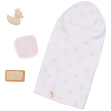 LullaBaby – Kapuzenhandtuch für 36 cm Baby Puppen – Handtuch mit Kapuze und rosa Sternchen – Badeente, Waschlappen, Bürste – Baby Puppenzubehör – Spielzeug für Kinder ab 2 Jahren – Rosa Sterne