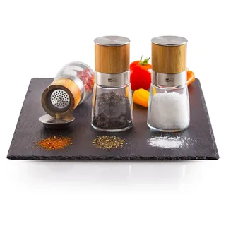 AdHoc Geschenk Set Salzmühle, Pfeffermühle, Chilimühle Akasia, Meersalz, schwarzer Pfeffer und Chilischoten inklusive, Glas | Edelstahl | Holz