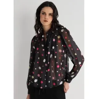 Victorio & Lucchino, V&L für Damen. 330238099 Bedruckte Bluse mit langen Ärmeln und Rüschen (M), Schwarz, Lässig, Polyester, Langarm