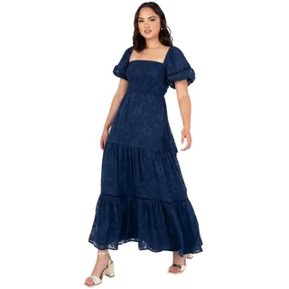 Lovedrobe Women's Maxi Dress Ladies Square Neckline Puff Sleeve Tiered Hem Floral Chiffon Shirred A-line Tie Back Milkmaid, Marineblau 42