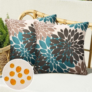 Kissenbezug wasserdichte Leinen 2er Set Frühling Sommer Outdoor Kissen Bezug Moderne Boho Dahlie Braun und Blaugrün Deko Kissenhülle für Terrasse Bed Büro Cafe Gartenmöbel Couchkissen, 50x50 cm