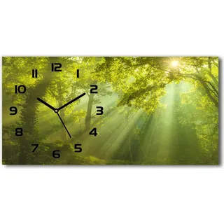 Wanduhr aus Glas – 60x30 cm - Glasbild - Glasuhr - Gehärtetes Glas - schwarze-zeiger - Wald in der Sonne