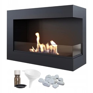 KRATKI Delta 700 Bio-Ethanol-Kamin + Kieselsteine + Trichter + Aromatherapie-Set | Wand- oder Nischeneinbau l Verglasung, Biocontainer 0,75 l, TÜV | Stahl, 48 x 70 cm, Schwarz