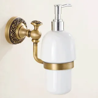 CASEWIND Seifenspender Antik Set, Spülmittelspender Messing, Pumpspender mit Flasche Keramik Wandbefestigung Retro Vintage Wand