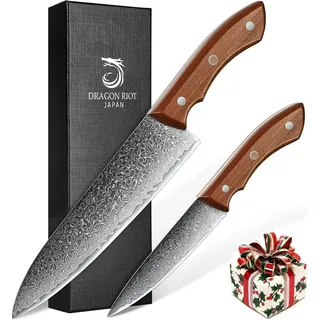 DRAGON RIOT Damastmesser Set, Küchenmesser Set aus 67 Lagen Damaststahl mit Ergonomischer Griff, 2-teilig Messerset Damast, Japanisches Messerset, Scharfes Kochmesser und Gemüsemesser für Küche