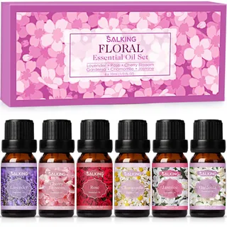 SALKING Ätherische Öle Set, Aromatherapie Duftöl GeschenkSet, 100% Pure Duftöle für Diffuser Duftlampen Luftbefeuchter, Massage, 6 x 10 ml (Lavendel, Rose, Kirschblüte, Jasmin, Gardenie, Kamille)