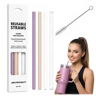 Berdsen Strohhalme Plastik 4er Set wiederverwendbar, Beige Rosa Weiß Klar | 4 Trinkhalme je 29,5 cm, 7 mm Durchmesser, 20 cm Reinigungsbürste, für Thermobecher, Trinkflaschen, Shaker und hohe Gläser