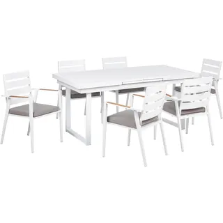 BELIANI Gartenmöbel Set 7-teilig Weiß Aluminium Ausziehtisch 180 / 240 x 90 cm Latten-Tischplatte Rechteckig mit 6 Stühlen Auflagen Grau Stapelbar - Weiß, Grau, Braun