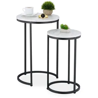 Relaxdays Satztisch, 2er Set, Marmoroptik, Metall, runde Beistelltische, Wohnzimmer Couchtisch, weiß/schwarz