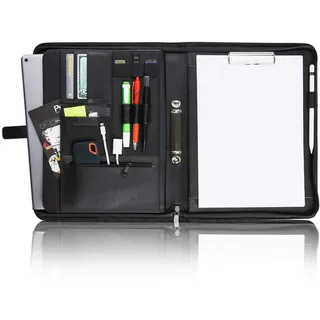 Vebon® Schreibmappe Ringbuch A4"Paris" I Reißverschluss + Klemmbrett I Dokumentenmappe + Laptoptasche I extra Stauraum I Kunstleder I Schwarz