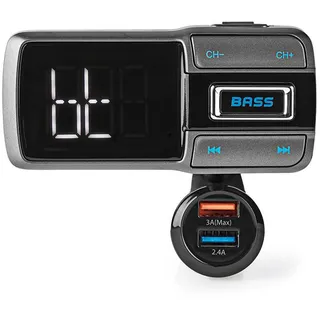 Nedis Kfz Audio FM Transmitter Schwanenhals freisprechend 2.0" - LED Bildschirm Bluetooth® QC 3.0 /, Wireless Transmitter, Schwarz, Grau