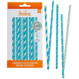 DECORA 0350108 80ER-PACK PAPIER STROHHALME BIO STARS&POIS BLUE SKY Ø 6 X 210 MM