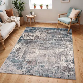 Livabliss Miami Wohnzimmer modern – Abstrakt Design in Marmor Optik für Wohnzimmer 200x274 cm, Esszimmer, Schlafzimmer - Marmor e groß, weicher Kurzflor in Blau, Grau und Taupe