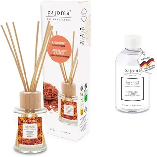 pajoma® Raumduft Sandelholz & Amber 100 ml + Nachfüller 250 ml | Komplett-Set mit Rattanstäbchen | Langanhaltender Diffuser, Premium Qualität