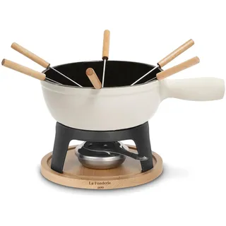La Fonderie 1890 Fondue-Set aus Gusseisen für 6 Personen Mont Blanc, Käse- und Schokoladenfondues, 6 Gabeln mit Buchenholzgriffen, Sockel aus Naturholz, Kapazität 1,8L