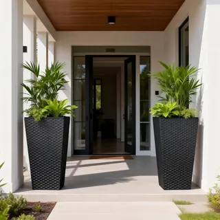 Sziqiqi Metall Pflanzkübel Hoch Outdoor: 55 cm Hoch Schwarz Garten Blumentopf Gross Draussen Set aus 2 mit Innentopf – Pflanzkübel Groß Außen für Deko Eingangsbereich Aussen Balkon Terrasse