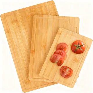 Schneidebrett Holz aus Bambus,3er Set (38x25cm, 30x20cm, 22x15cm, 1,5cm Dick) - Mit Saftrille, Kratzfest und Langlebig, Multifunktionales Küchenbrett Ideal für Fleisch, Gemüse und Obst