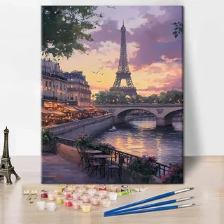 TISHIRON Malen für Erwachsene - Malen nach Zahlen Erwachsene, Paris Flussstadt Szene und Eiffelturm DIY Malen nach Zahlen Kit, 40x50 cm
