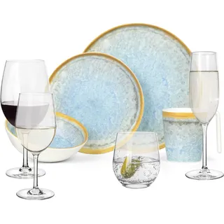 Melamin Camping Geschirr Set 4 Personen Crystal Blue + 16 Tiamo Gläser Wassergläser Weingläser Champagner-Gläser Flûtes Tafelgeschirr Picknick BBQ Kochgeschirr