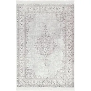 Nouristan Orientalischer Teppich – Wohnzimmerteppich mit Fransen Oriental Vintage Medaillon Naveh Samt-Teppich für Wohnzimmer, Schlafzimmer, Esszimmer, Küche, Flur – Pastell-Rosa, 135x195cm