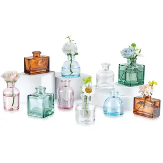 Glasseam Mini Vasen Klein Tischdeko: 10 Stück Kleine Glasvasen Dekorieren - Glas Vase Bunt für Hochzeit Party Geburtstag Tisch Home Wohnzimmer Office Regal Fenster
