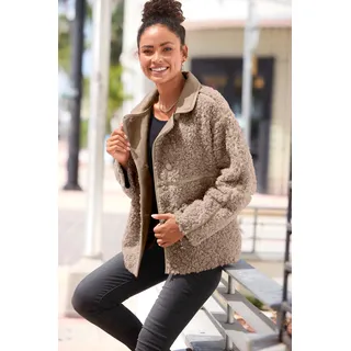 Fellimitatjacke LASCANA "mit Lederimitat-Einsätzen und Knopfleiste, Teddyjacke", Damen, Gr. 36, grau (taupe), Plüsch, Obermaterial: 100% Polyester, unifarben, figurumspielend hüftlang, Jacken Fellimitatjacke, Sherpa-Jacke aus Teddyplüsch mit Taschen, Übergangsjacke, Oversize
