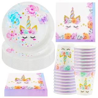 Hmfmdy Einhorn Partygeschirr Set, 52 Stück Einhorn Party Deko, Einhorns Geburtstag Geschirr Kit, Mit Pappteller Becher Servietten, Kindergeburtstag Party Geschirr Supplies für 16 Gäste