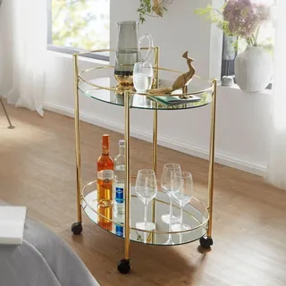 FineBuy Design Servierwagen Gold 67x79 cm Mobile Mini Bar Beistelltisch auf Rollen Speisewagen mit Glasplatte Weiß Küchenwagen Teewagen mit Milchglas - Gold