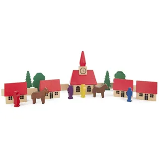 Holzspielzeug Spielzeugdorf mit Kirche bunt Höhe ca. 9cm NEU - Bunt