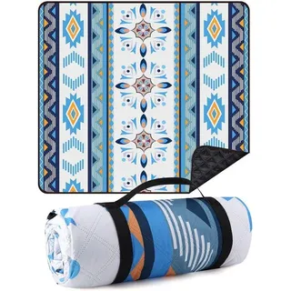 Unyqoos® Wasserdichte Extra große Picknickdecke 200×200 cm - faltbar, schmutzabweisend mit Trageriemen, Platz für 2–4 liegend / 5–8 sitzend, Meer-Herz-Motiv - Blau