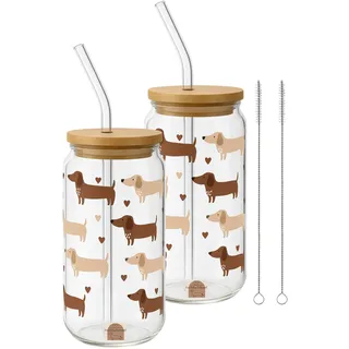 frechdachshund Dackel Glas Mit Deckel und Strohhalm - 500ml - Gläser Mit Holzdeckel, Trinkglas mit Halm und Bambusdeckel für jede Art von Heiß- und Kaltgetränken (2 Gläser)