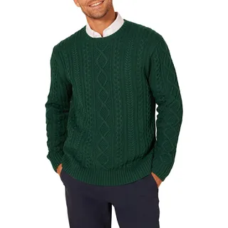 Amazon Essentials Herren Pullover mit Langen Ärmeln und Rundhalsausschnitt aus 100% Baumwolle mit Zopfmuster, Dunkelgrün, XS