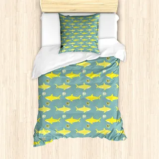 ABAKUHAUS Hai Mantele, Freundliche gelbe Fische, Milbensicher Allergiker geeignet mit Kissenbezügen, 135 cm x 200 cm - 80 x 80 cm, Sea Green Yellow