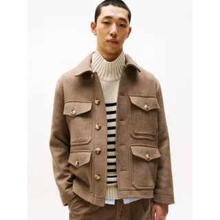 Wolljacke TOMMY HILFIGER "WOOL JACKET", Herren, Gr. M, coastal taupe, Web, Obermaterial: 50% Wolle, 25% Polyacryl, 20% Polyester, 5% sonstige Fasern, unifarben, regular fit normal, Rundhals, eingesetzt abgesteppte Kante, Jacken Wolljacke, Wolljacke Übergangsjacke, Winterjacke
