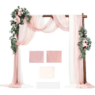 Metall Hochzeit Bogen Set mit Deko - Inkl. 2x Blumen, 3x Vorhänge - Traubogen für Hochzeitsfeier Dekoration - Dunkelrosa, Rosa, Hellrosa