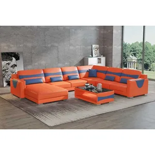 Wohnlandschaft Sofa U Form Groß Ecksofa Ledersofa Orange Kunstleder Neu - Orange, Blau