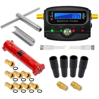 HB-Digital XXL SAT Installationsset: Sat-Finder mit digitaler Anzeige + Abisolierer + Aufdrehhilfe + Montageschlüssel + 8X F-Stecker vergoldet + 2X Verbinder + 4X Gummitülle Wetterschutz Werkzeugset
