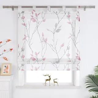 Joyswahl Raffrollo mit Schlaufen Landhausstil Raffgardinen Wohnzimmer Schlaufenrollo Fenster Vorhänge Transparent mit Blatt- und Blumenmuster BxH 140x140 cm Violett 1er Pack
