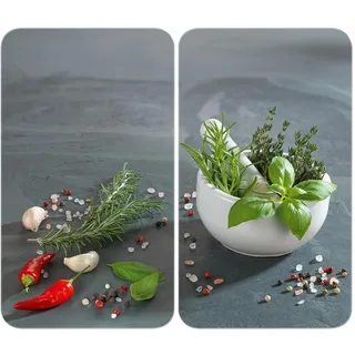 Herdabdeckplatte Universal Mod. Kräuterküche, höhenverstellbar für alle Herdarten, Schneidebrett und Spritzschutz, Glas, 30 x 52 cm, 2-teilig