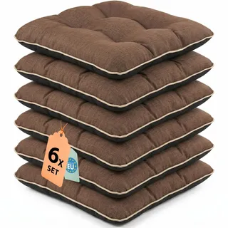 Outdoor Leinen-Optik Sitzkissen Stuhlkissen - 6er Set - 45 x 45 cm - Made in EU, Wasserdichtes & UV-beständig Gartenkissen - Stuhlauflage Stuhlpolster für Balkonstühle – Braun
