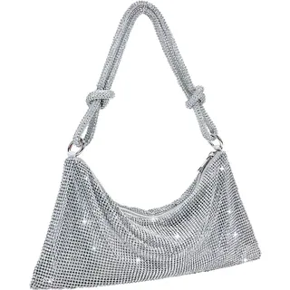 TOPALL Clutch Glitzer Damen,Silber Abendtasche,Handtasche Diamant Tasche Schultertasche Silber mit Reißverschluss, Strasssteine Clutches Brieftaschen Umhängetasche für Party Freizeit Date(A-Silber)
