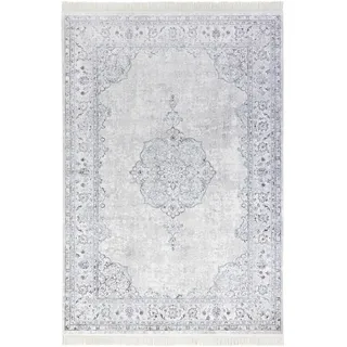 Nouristan Orient Wohnzimmerteppich Kurzflor mit Fransen Vintage Orientalischer Samt-Teppich für Esszimmer Wohnzimmer, Schlafzimmer – Pastell Blau, 135x195cm, Rayon, 135x195 cm