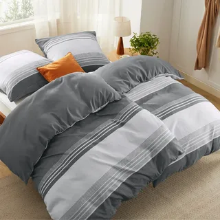 BEDSURE Bettwäsche 135x200 4teilig Bettbezug - Bettwäsche-Sets 135 x 200 cm 2er Set mit 2 Kissenbezüge 80x80cm, ÖKO-TEX Wendebettwäsche Bedding Grau Gestreift Muster mit Reißverschluss