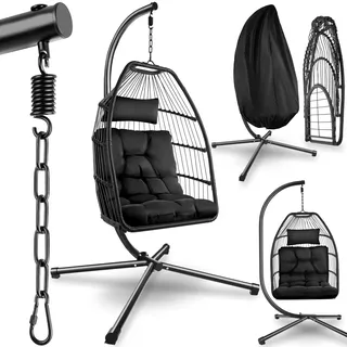 tectake® Hängesessel mit Gestell, Dicke Kissen, Möbel, Deko für Wohnzimmer, Jugendzimmer, Balkon, Outdoor oder Indoor Schaukel Sessel, Kinder & Erwachsene, belastbar bis 160kg - schwarz