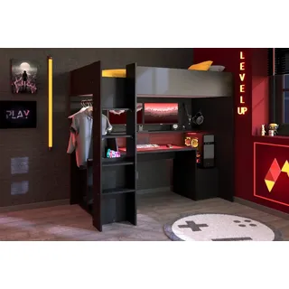 Home affaire Hochbett »Meddox, TOPSELLER! OTTOs Choice, Gamerbett, LED, Schreibtisch« Gesamtaußenmaße B/T/H 203,7/94,4/180 cm, Kleiderstange, viel Stauraum, ideal für kleine Räume, ALL-IN-ONE Bett, schwarz