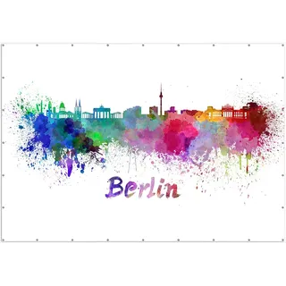 Wallario XXL Outdoor-Poster für Garten oder Balkon, Motiv Städte als Aquarell - Skyline von Berlin, in ca. 400 x 280 cm - Weiß